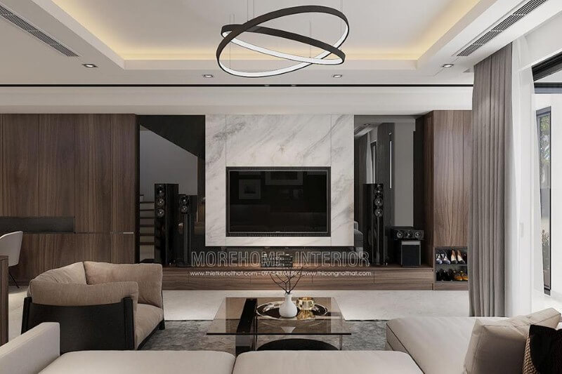 Đá ốp phòng khách trắng vân mây đẹp sang trọng lựa chọn ấn tượng cho phòng khách hiện đại. Mẫu thiết kế và thi công nội thất biệt thự