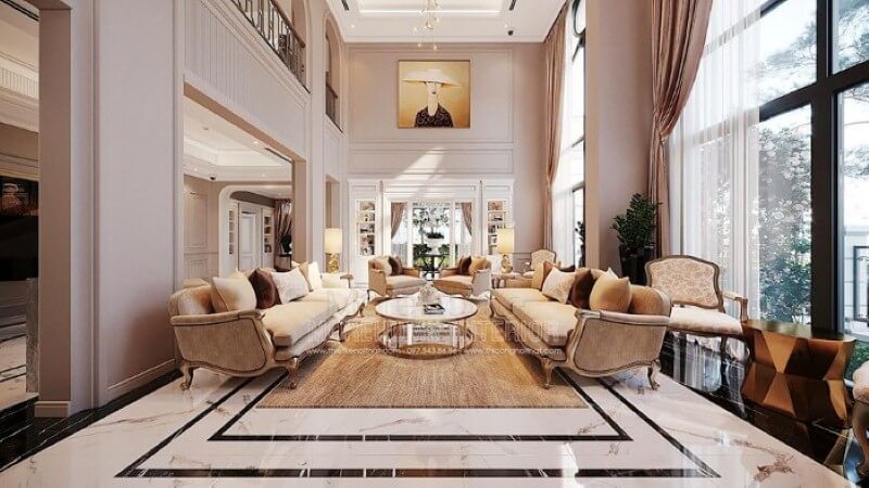 Bố trí nội thất phòng khách thông tầng biệt thự tân cổ điển cao cấp tại Vinhomes Imperia Hải Phòng. Thiết kế phòng khách biệt thự