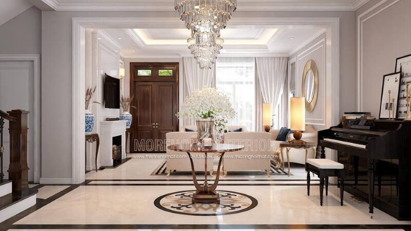 Sắp xếp nội thất phòng khách tân cổ điển có đàn piano đẹp, sang trọng tại biệt thự Palm Garden. Thiết kế phòng khách biệt thự