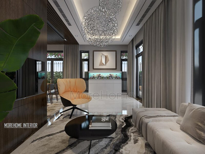 Bố trí nội thất phòng khách hiện đại độc đáo với bể cá phong thủy. Thiết kế phòng khách biệt thự