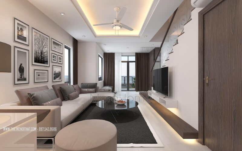 Bố trí nội thất phòng khách hiện đại, thông thoáng, sang trọng. Thiết kế phòng khách biệt thự