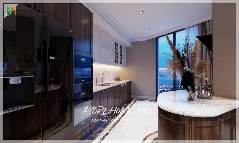 Mẫu tủ bếp bằng gỗ kết hợp mặt đá nhân tạo màu trắng cao cấp cho phòng bếp chung cư, nhà phố, biệt thự đương đại