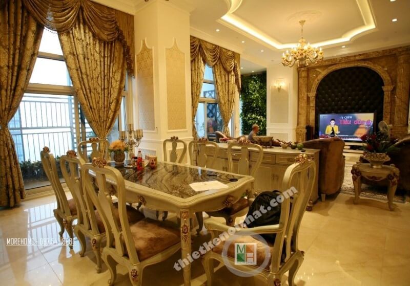 Thi công nội thất phòng ăn mang tone màu vàng trung tính tạo sự cân bằng giữa ánh sáng và màu sắc từ đó tạo hứng khởi cho gia chủ