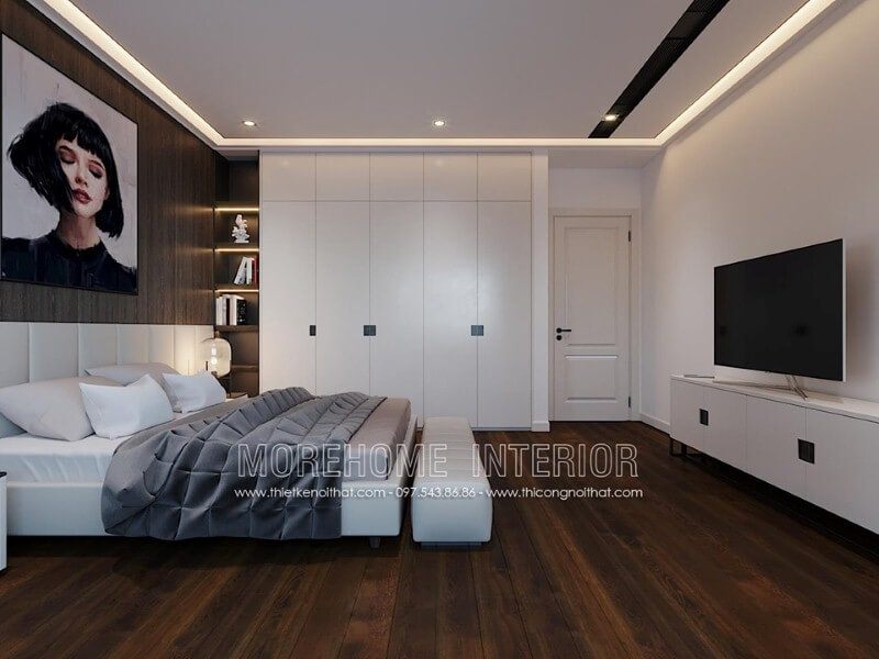 Trang trí nội thất phòng ngủ ấn tượng với tủ quần áo sơn trắng kết hợp kệ trang trí sát giường ngủ.