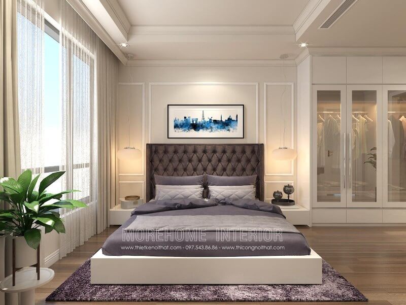 Phòng ngủ chung cư được trang trí đẹp và sang trọng với một mẫu giường ngủ hiện đại và đầu giường bọc nỉ.