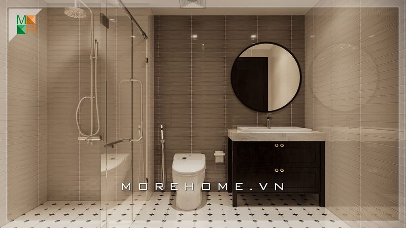 Gương treo tròn có viền gỗ nâu và tủ gỗ đựng đồ cùng màu nhau góp phần tạo nên sự đồng bộ cho phòng tắm hiện đại.